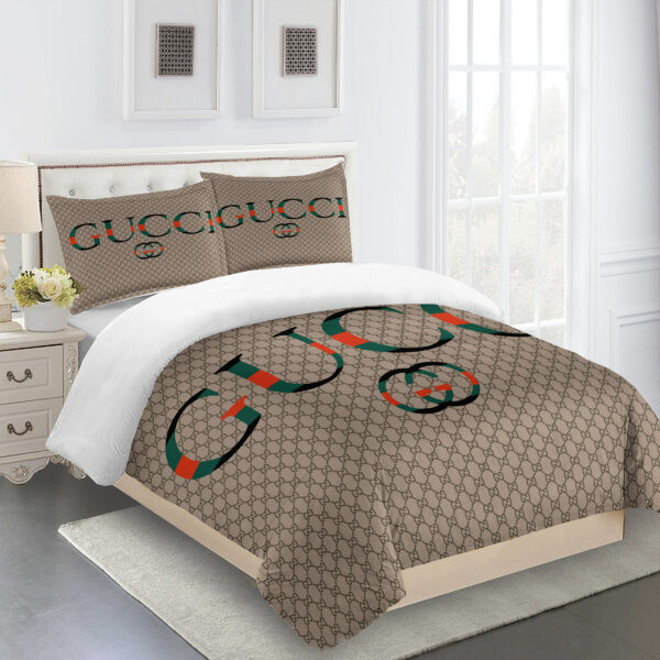 Gucci Dark Beige Logo Brand Bedding Set Home Decor Bedroom Luxury Bedspread