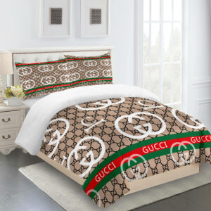 Gucci Beige Green Red Logo Brand Bedding Set Luxury Home Decor Bedspread Bedroom