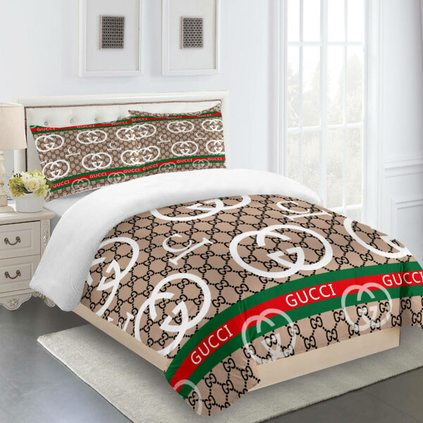 Gucci Beige Green Red Logo Brand Bedding Set Luxury Home Decor Bedspread Bedroom