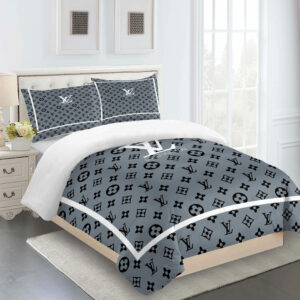 Gray White Black Full Louis Vuitton Logo Brand Bedding Set Home Decor Bedspread Bedroom Luxury