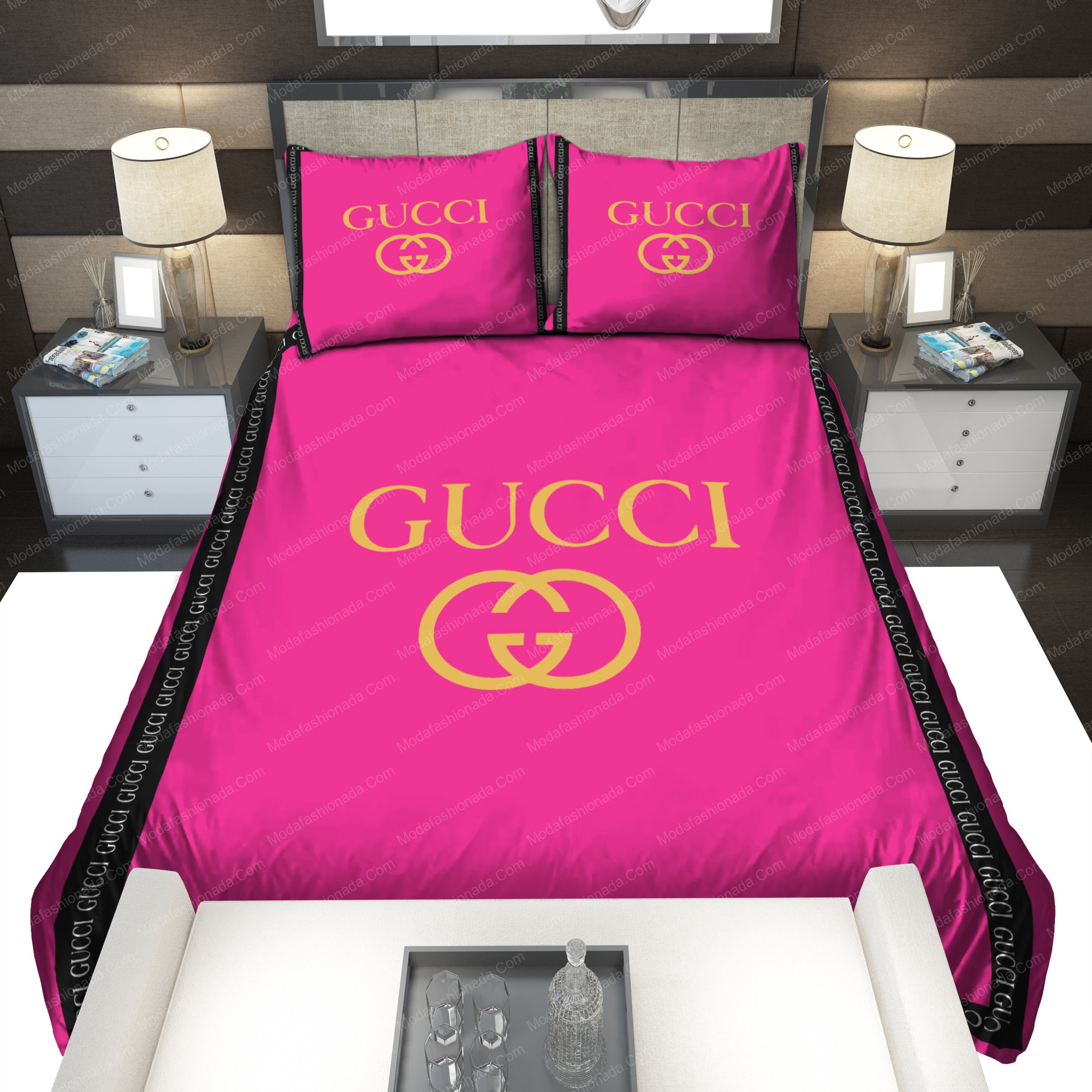 Pink Gucci Logo Brand Bedding Set Bedspread Luxury Bedroom Home Decor