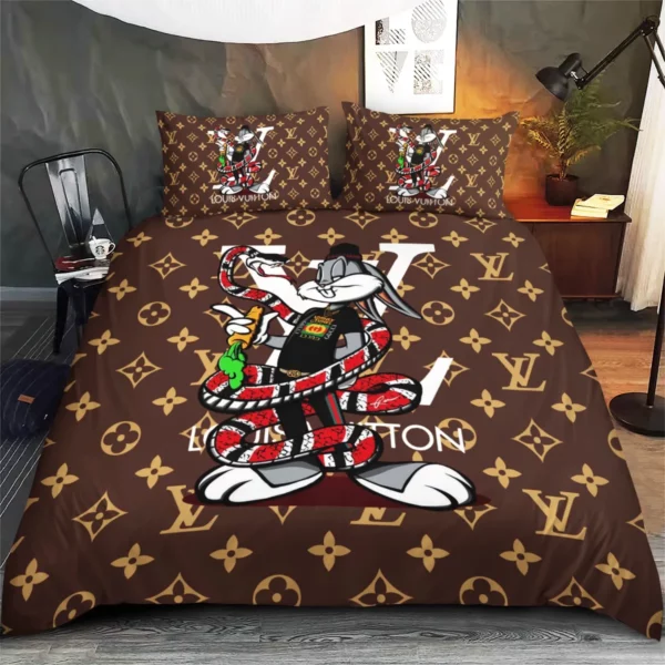 Louis Vuitton Supreme Rabbit Logo Brand Bedding Set Bedspread Luxury Home Decor Bedroom