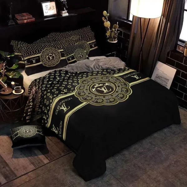 Louis Vuitton Black Gold Louis Vuitton Logo Brand Bedding Set Bedspread Luxury Home Decor Bedroom