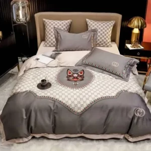 Gucci Cat Grey Logo Brand Bedding Set Home Decor Bedspread Luxury Bedroom