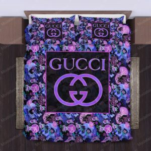 Gucci Pattern Violet Skull Logo Brand Bedding Set Luxury Bedroom Home Decor Bedspread