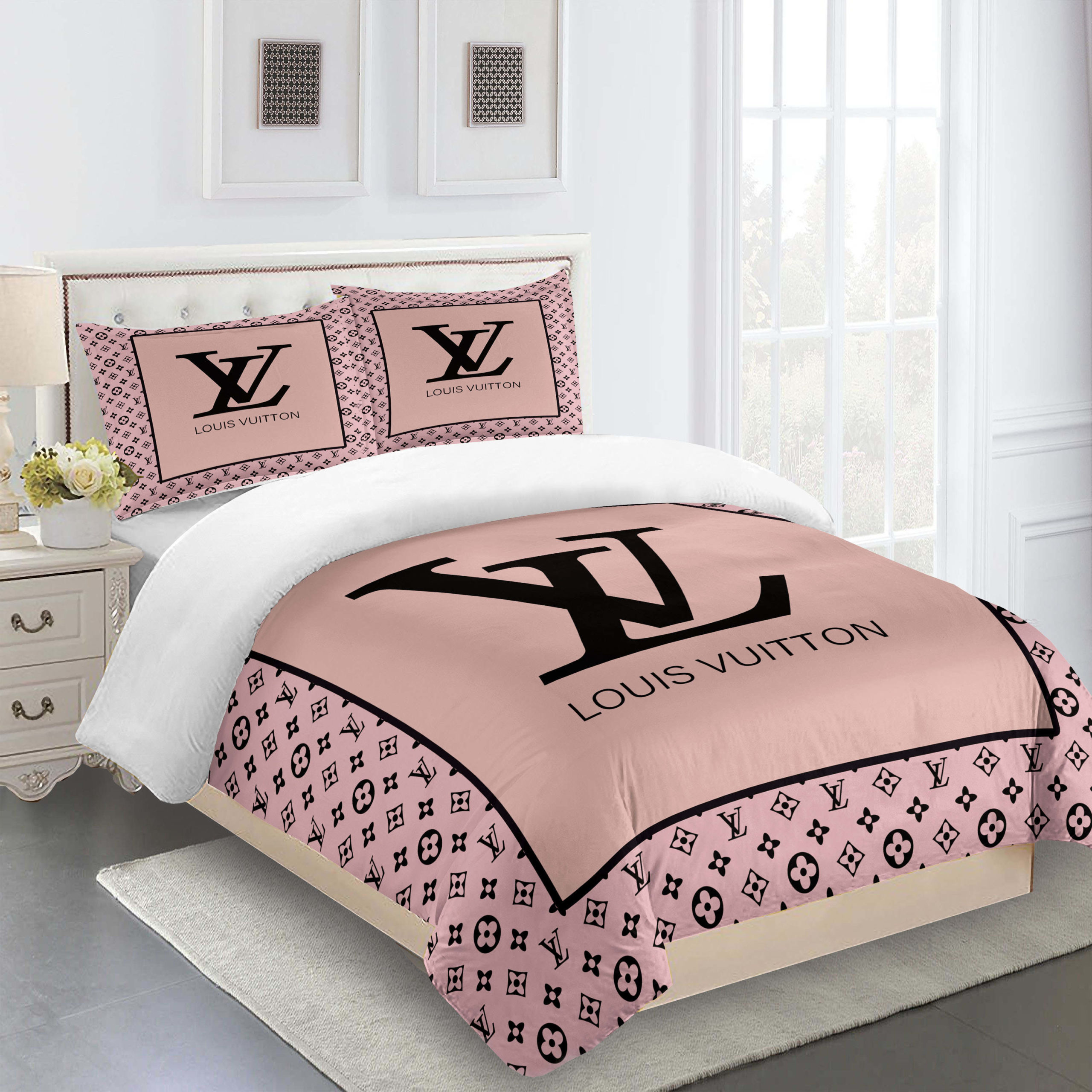 Full Pink And Black Louis Vuitton Logo Brand Bedding Set Bedroom Bedspread Home Decor Luxury