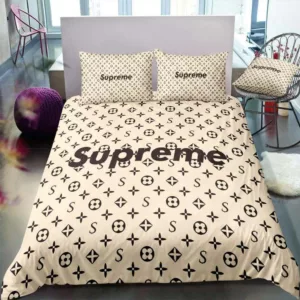Louis Vuitton Supreme Light Yellow Logo Brand Bedding Set Bedroom Luxury Home Decor Bedspread