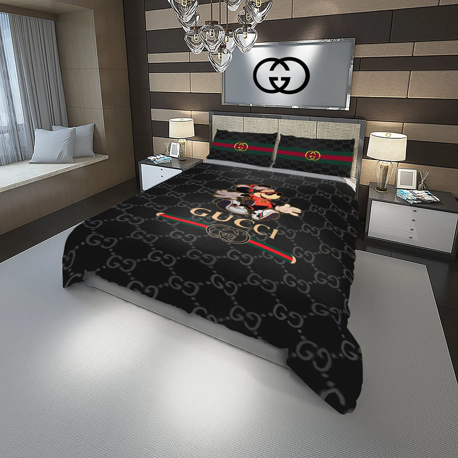 Gucci Funny Mickey Logo Brand Bedding Set Bedspread Luxury Bedroom Home Decor