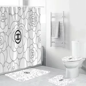 Chanel Black Signature Flowers In White Back Ground Bathroom Set Home Decor Bath Mat Luxury Fashion Brand Hypebeast