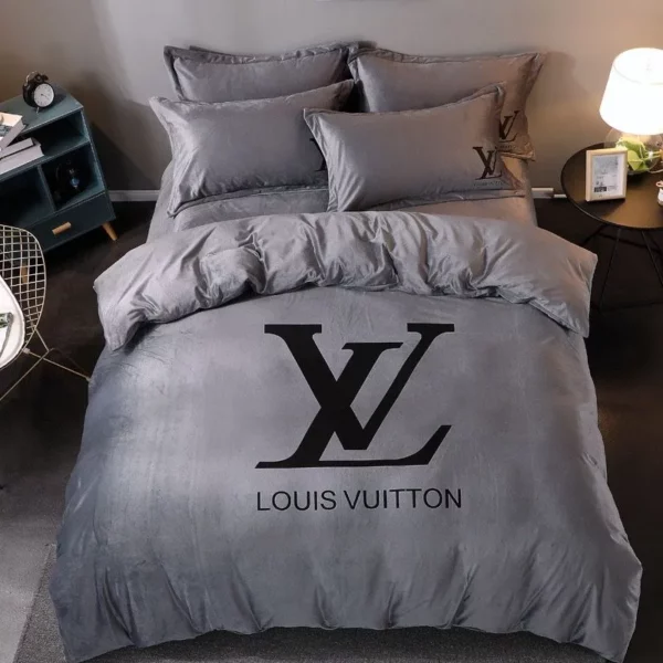 Louis Vuitton Grey Logo Brand Bedding Set Bedroom Home Decor Luxury Bedspread