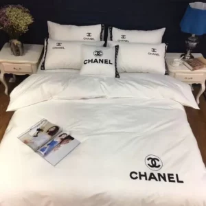 Chanel White Logo Brand Bedding Set Luxury Bedroom Home Decor Bedspread