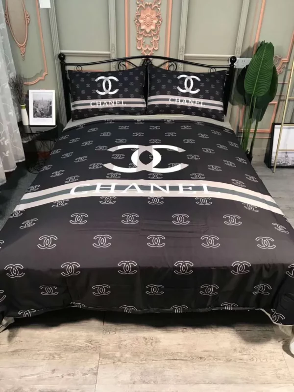 Chanel Black Logo Brand Bedding Set Home Decor Bedroom Bedspread Luxury