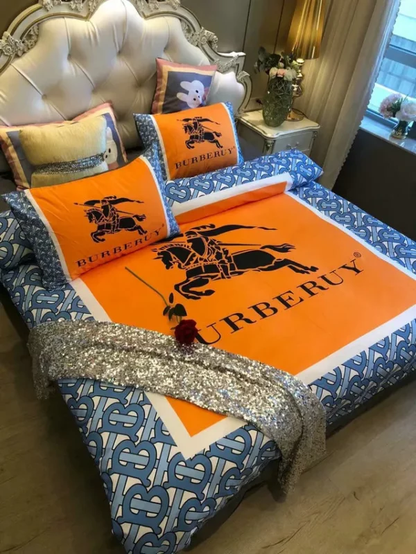 Burberry Orange Logo Brand Bedding Set Home Decor Bedspread Luxury Bedroom
