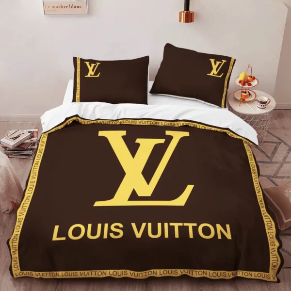 Louis Vuitton Brown Yellow Louis Vuitton Logo Brand Bedding Set Bedroom Luxury Home Decor Bedspread