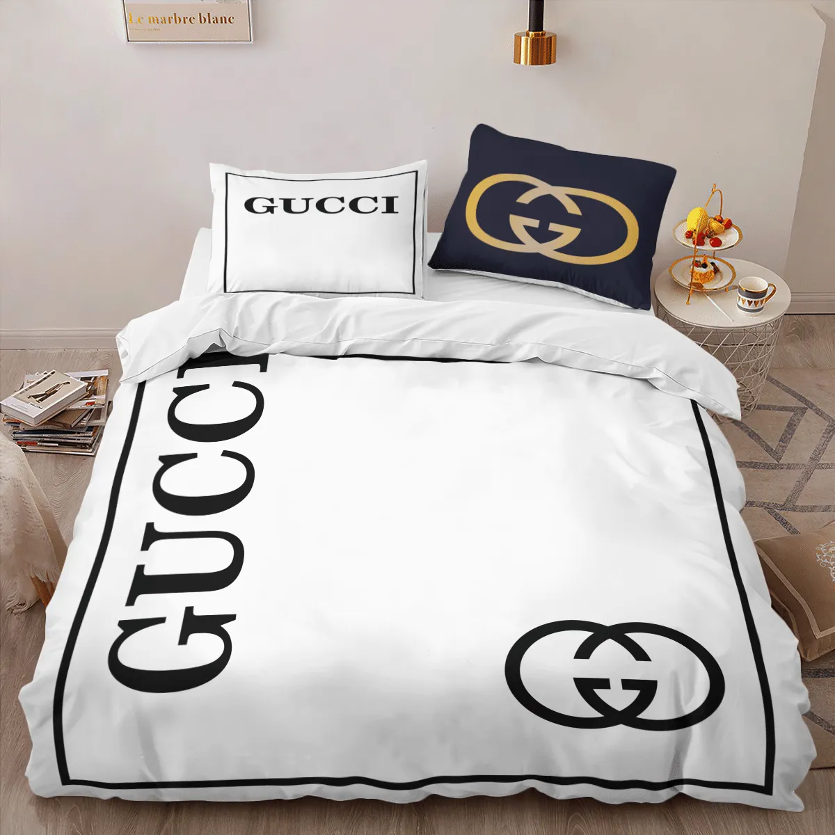 Gucci White Logo Brand Bedding Set Home Decor Luxury Bedroom Bedspread