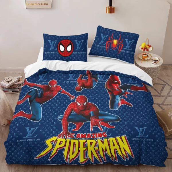 Louis Vuitton Spider Man Blue Louis Vuitton Logo Brand Bedding Set Bedroom Luxury Bedspread Home Decor