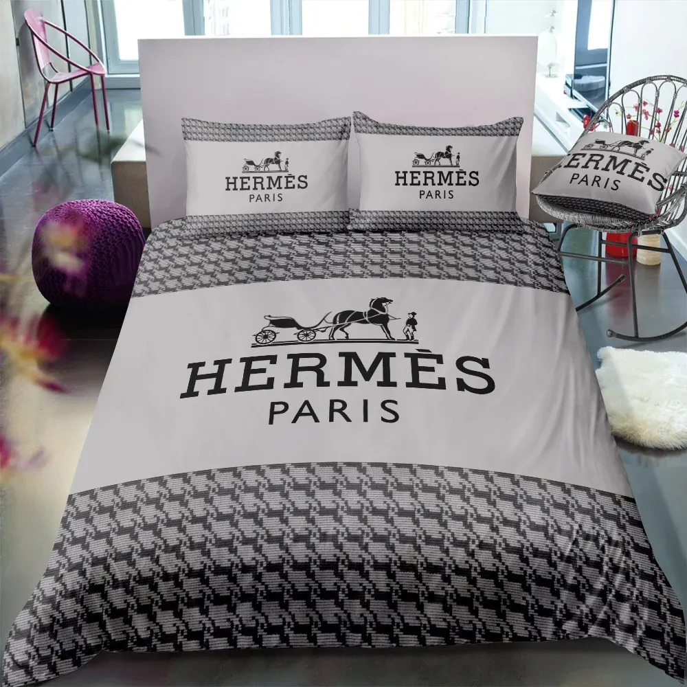 Hermes Logo Brand Bedding Set Bedroom Home Decor Luxury Bedspread