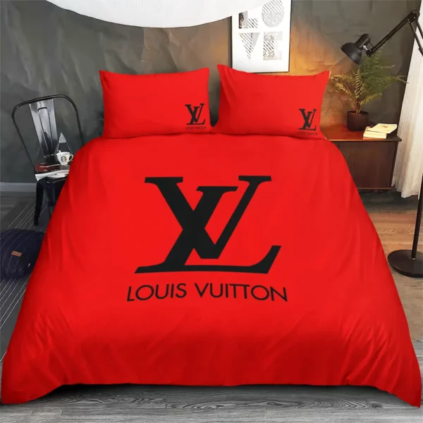 Louis Vuitton Red Louis Vuitton Logo Brand Bedding Set Luxury Bedspread Home Decor Bedroom