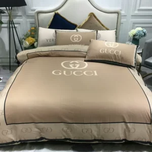 Gucci Beige Logo Brand Bedding Set Bedspread Bedroom Home Decor Luxury