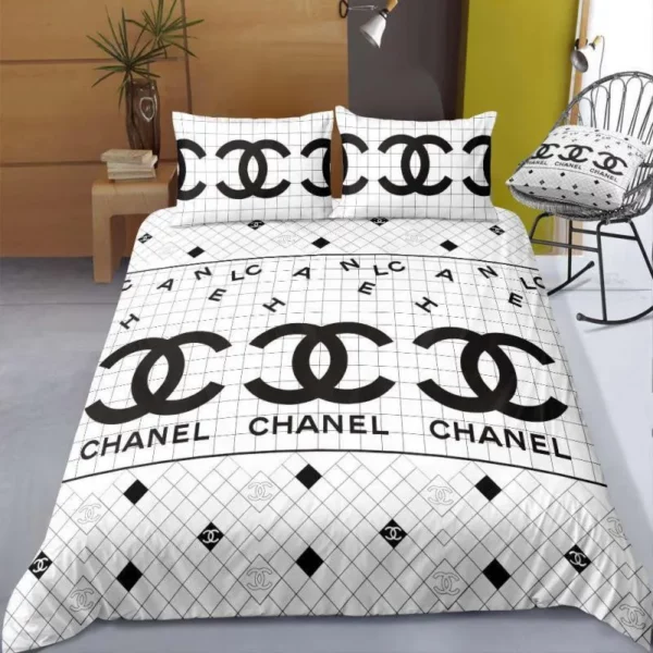 Chanel White Logo Brand Bedding Set Home Decor Bedroom Bedspread Luxury