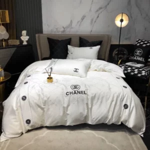 Chanel White Logo Brand Bedding Set Home Decor Luxury Bedroom Bedspread