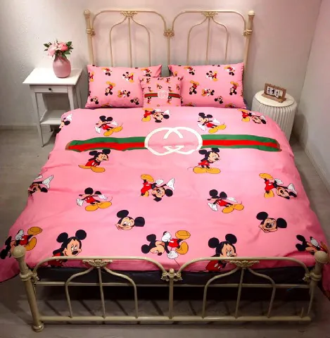 Gucci Micky Mouse Pink Logo Brand Bedding Set Bedroom Home Decor Luxury Bedspread