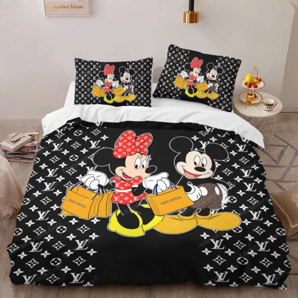 Louis Vuitton Mickey Mouse Logo Brand Bedding Set Bedroom Bedspread Home Decor Luxury