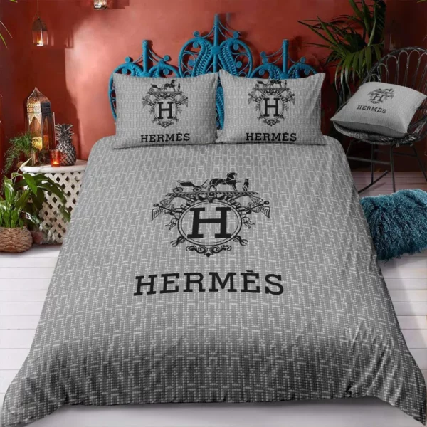 Hermes Grey Logo Brand Bedding Set Home Decor Luxury Bedroom Bedspread