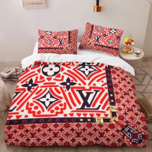 Louis Vuitton Red Colorful Louis Vuitton Logo Brand Bedding Set Bedspread Home Decor Luxury Bedroom