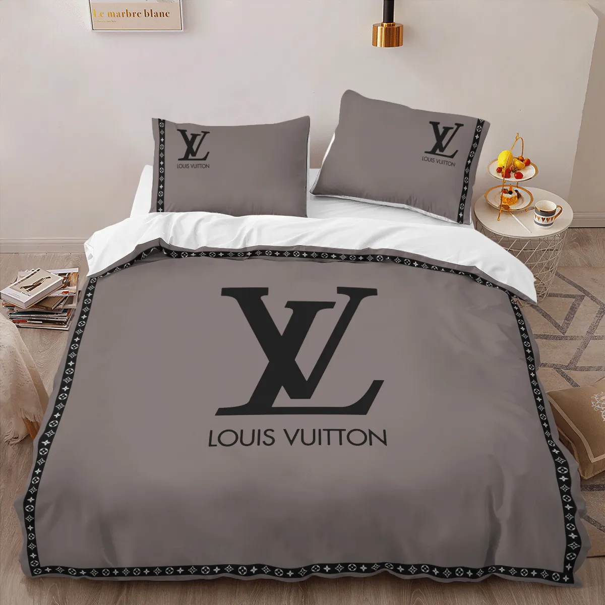 Louis Vuitton Brown Louis Vuitton Logo Brand Bedding Set Luxury Home Decor Bedroom Bedspread