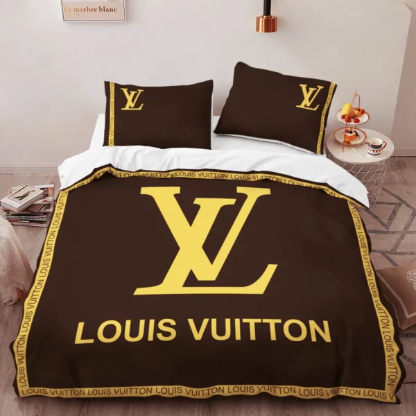 Louis Vuitton Brown Yellow Louis Vuitton Logo Brand Bedding Set Bedspread Home Decor Bedroom Luxury
