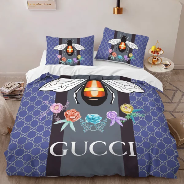 Gucci Bee Logo Brand Bedding Set Luxury Bedspread Home Decor Bedroom