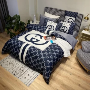 Gucci Navy Logo Brand Bedding Set Luxury Bedroom Bedspread Home Decor