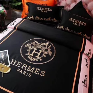 Hermes Black Logo Brand Bedding Set Luxury Bedroom Bedspread Home Decor