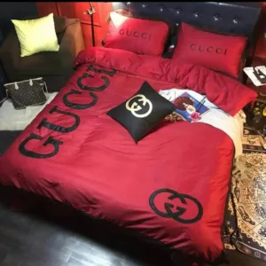 Gucci Red Logo Brand Bedding Set Bedroom Bedspread Luxury Home Decor