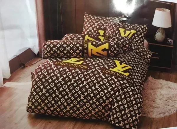 Louis Vuitton Brown Golden Logo Brand Bedding Set Bedspread Home Decor Bedroom Luxury