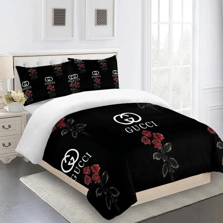 Gucci Rose Black Logo Brand Bedding Set Home Decor Bedroom Luxury Bedspread