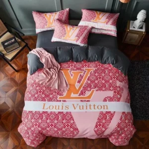 Louis Vuiton Louis Vuitton Pink Red Logo Brand Bedding Set Luxury Bedroom Home Decor Bedspread