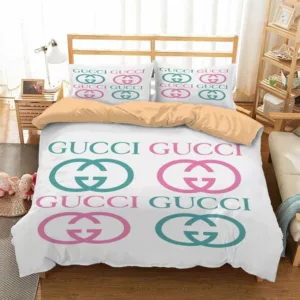 Gucci White Color Logo Brand Bedding Set Home Decor Luxury Bedroom Bedspread