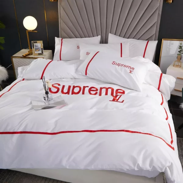 Louis Vuitton Supreme White Logo Brand Bedding Set Luxury Bedroom Home Decor Bedspread
