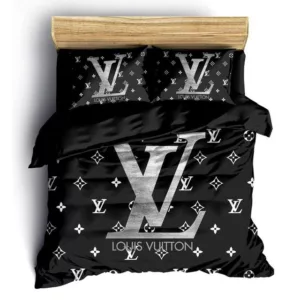 Louis Vuitton Black Logo Brand Bedding Set Home Decor Luxury Bedroom Bedspread