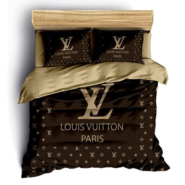 Louis Vuitton Brown Logo Brand Bedding Set Bedspread Home Decor Bedroom Luxury