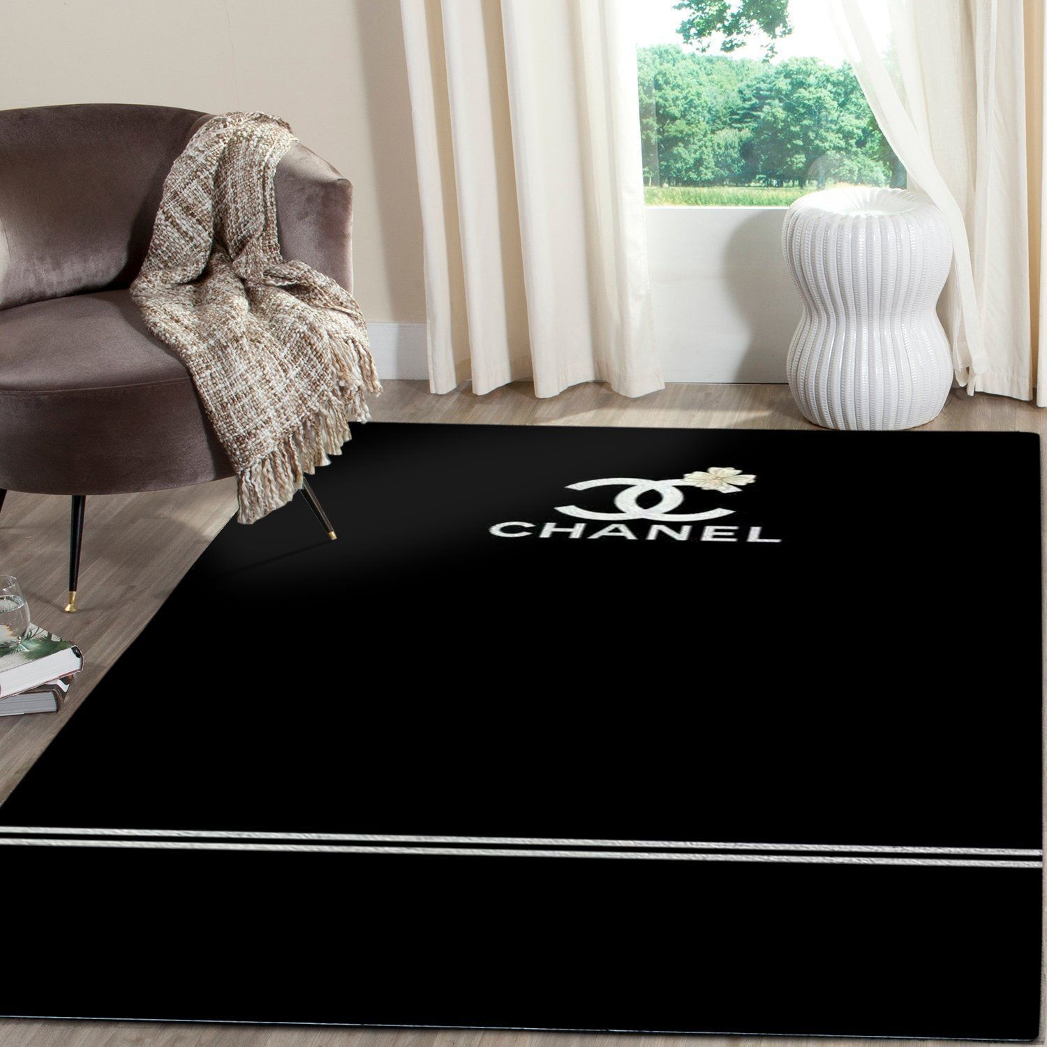 Chanel Black Line Rectangle Rug Area Carpet Luxury Home Decor Fashion Brand Door Mat