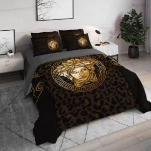 Versace Brown Medusa Logo Brand Bedding Set Bedspread Luxury Home Decor Bedroom