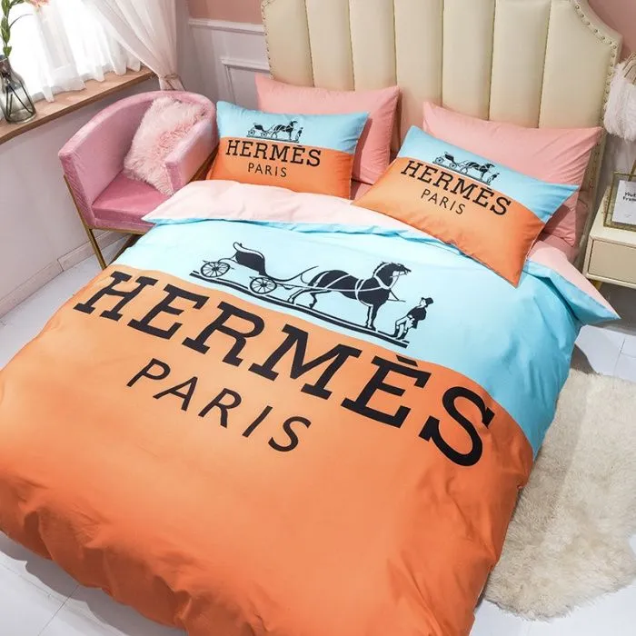 Hermes Paris Orange Logo Brand Bedding Set Luxury Bedspread Home Decor Bedroom