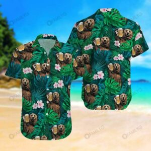 Bear Drinking Green Tropical Beer Hawaiian Shirt