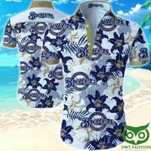 Milwaukee Brewers White And Dark Blue Flowers Hawaiian Shirt