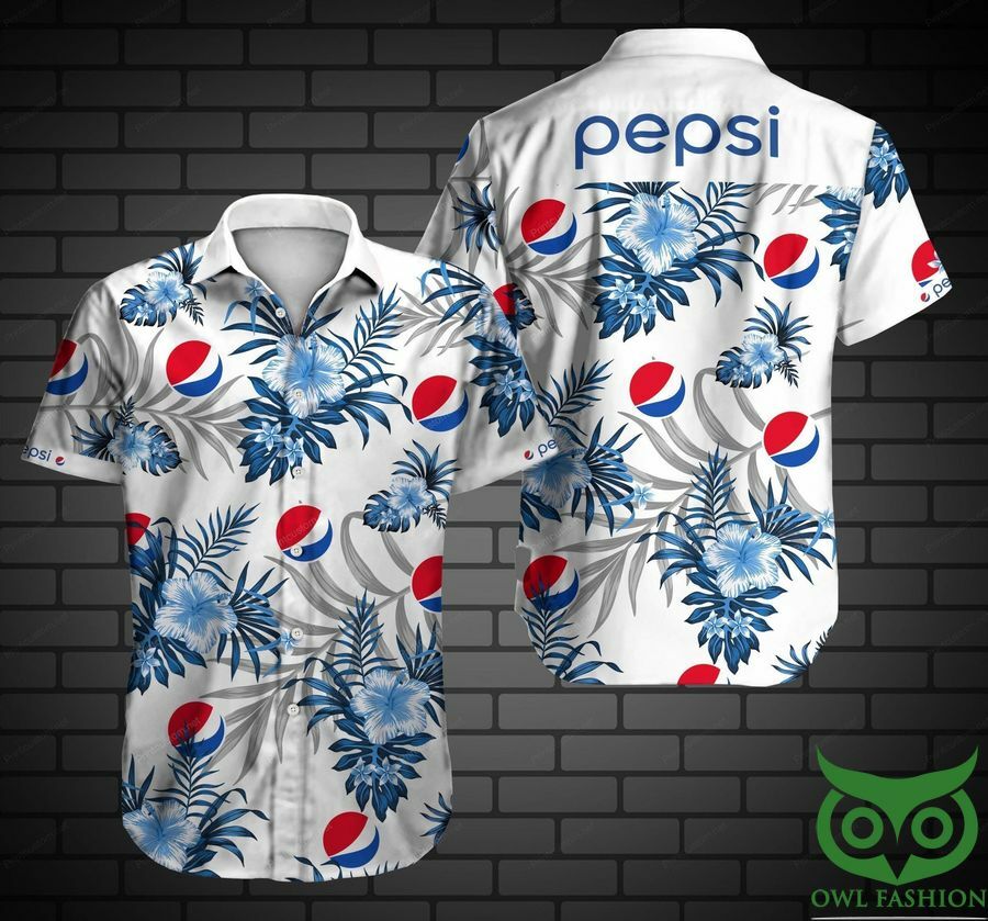 Pepsi With Blue Floral White Hawaiian Shirt