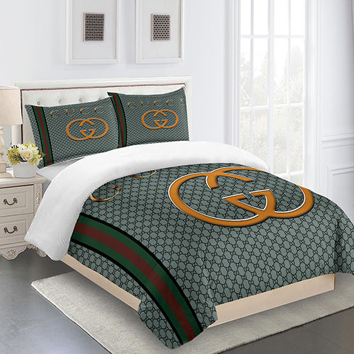 Gucci Gray Gold Green Red Logo Brand Bedding Set Home Decor Bedroom Bedspread Luxury