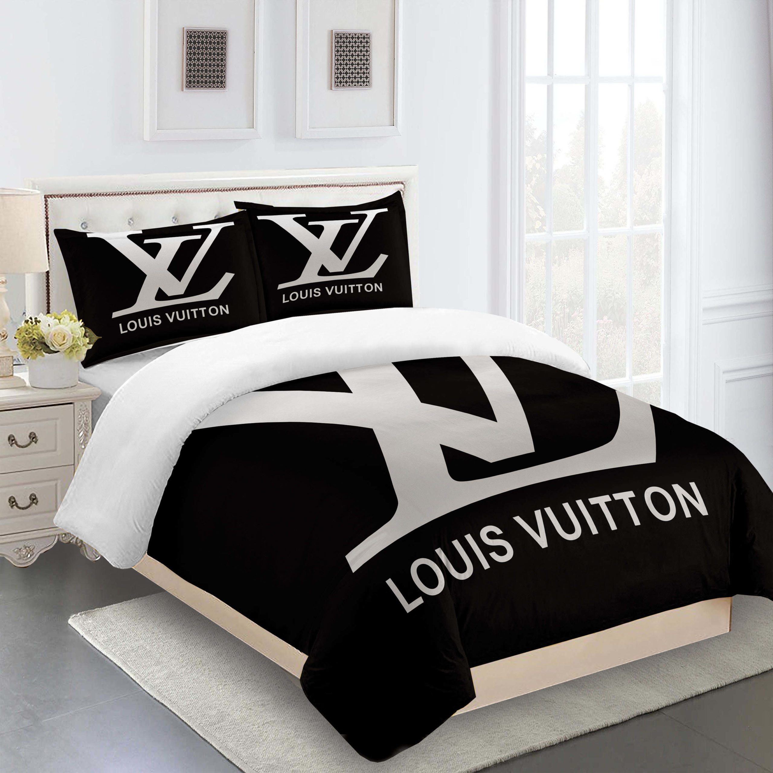 Golden Black Louis Vuitton Logo Brand Bedding Set Luxury Bedspread Home Decor Bedroom